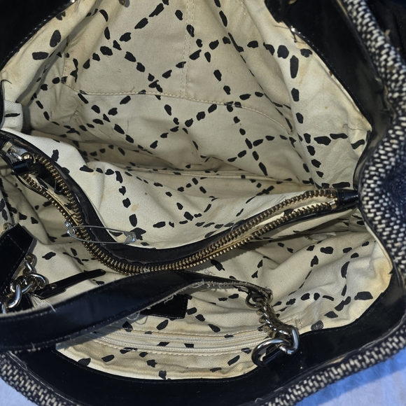 Kate Spade Tweed Gray Black Patent Leather Chain Link Shoulder Tote - Picture 7 of 10